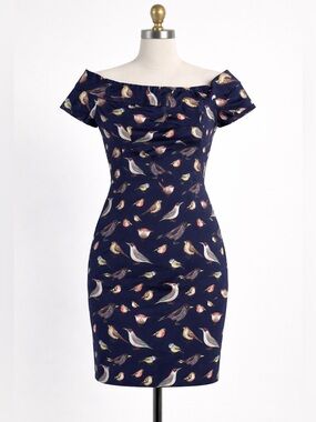 Belle Poque Bird Print Vintage Inspired Off The Shoulder Dress Sz 16